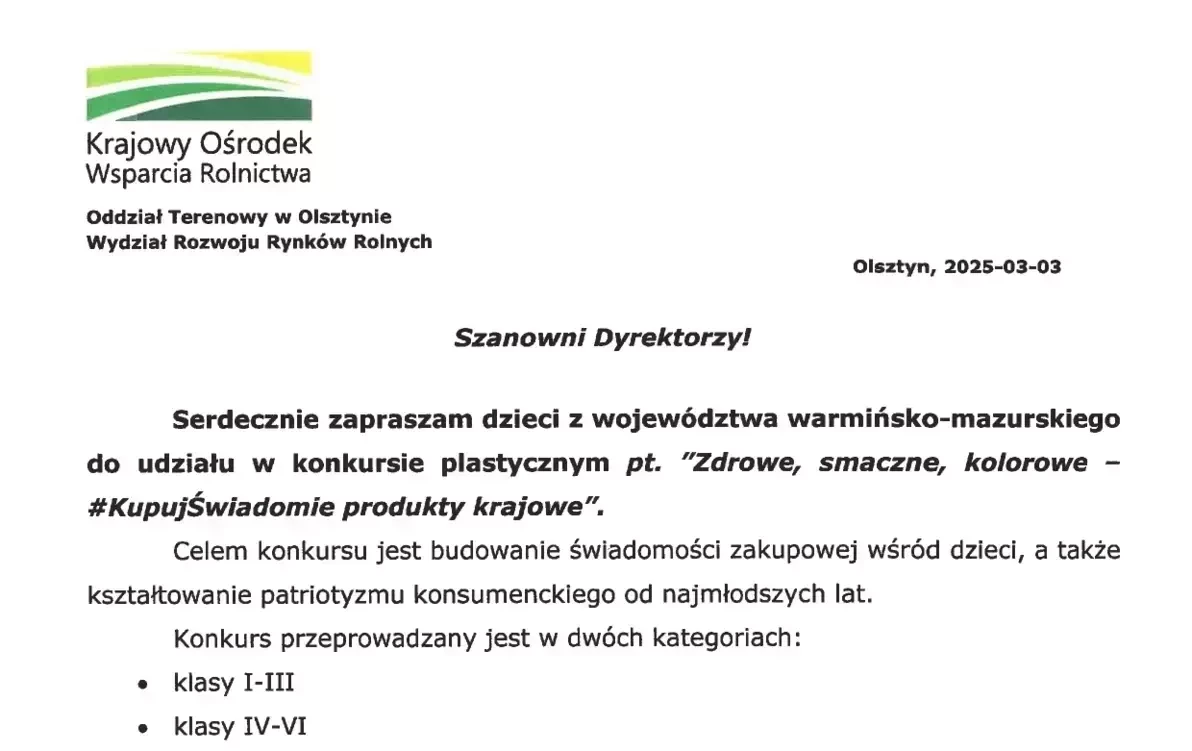 Zdjęcie do Konkurs plastyczny pt. &rdquo;Zdrowe, smaczne, kolorowe &ndash; #KupujŚwiadomie produkty krajowe&rdquo;.
