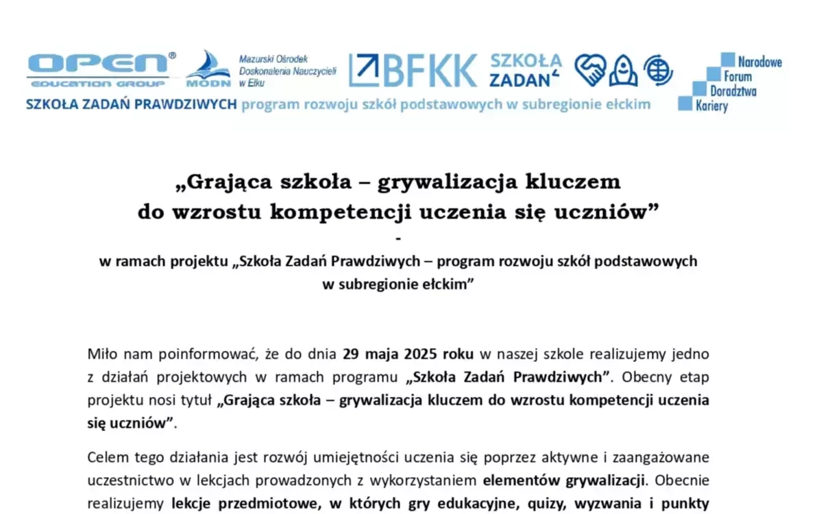 Zdjęcie do &bdquo;Grająca szkoła &ndash; grywalizacja kluczem  do wzrostu kompetencji uczenia się uczni&oacute;w&rdquo;
